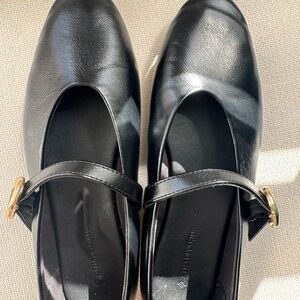 Stradivarius Black Mary Jane Flats with Gold Buckle